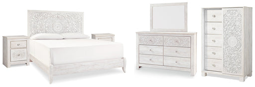 Paxberry King Panel Bed with Mirrored Dresser, Chest and 2 Nightstands Royal Furniture