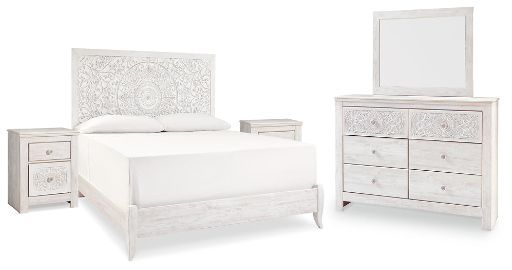 Paxberry King Panel Bed with Mirrored Dresser and 2 Nightstands Royal Furniture