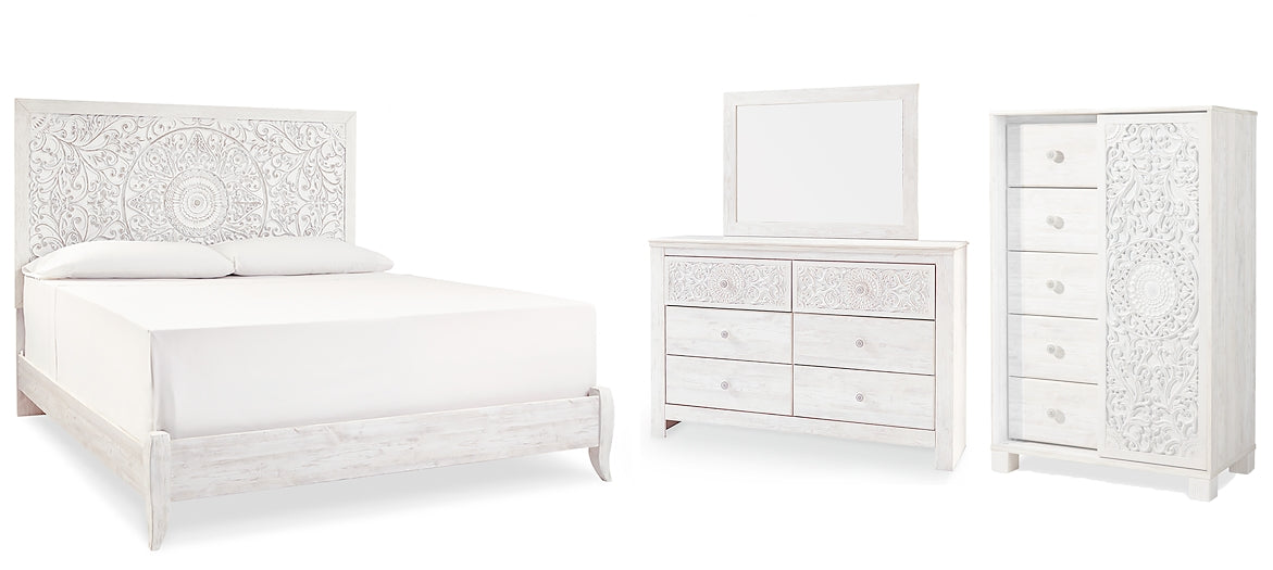 Paxberry King Panel Bed with Mirrored Dresser and Chest Royal Furniture