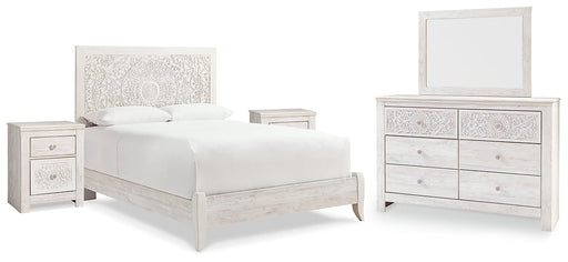 Paxberry Queen Panel Bed with Mirrored Dresser and 2 Nightstands Royal Furniture