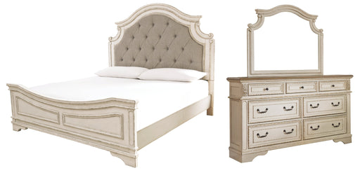 Realyn California King Upholstered Panel Bed with Mirrored Dresser Royal Furniture