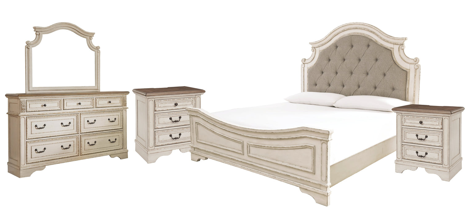 Realyn California King Upholstered Panel Bed with Mirrored Dresser and 2 Nightstands Royal Furniture