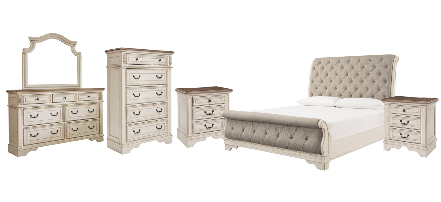 Realyn King Sleigh Bed with Mirrored Dresser, Chest and 2 Nightstands Royal Furniture