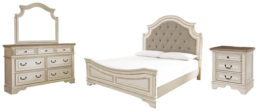 Realyn King Upholstered Panel Bed with Mirrored Dresser and Nightstand Royal Furniture