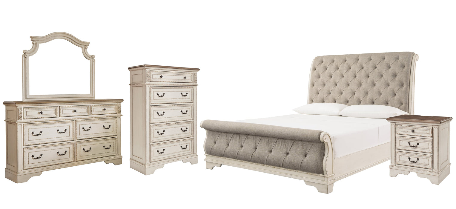 Realyn Queen Sleigh Bed with Mirrored Dresser, Chest and Nightstand Royal Furniture