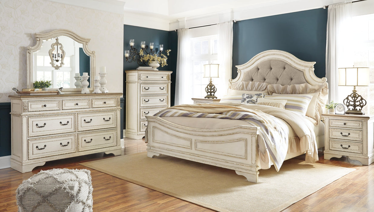 Realyn Queen Upholstered Panel Bed with Mirrored Dresser, Chest and 2 Nightstands Royal Furniture