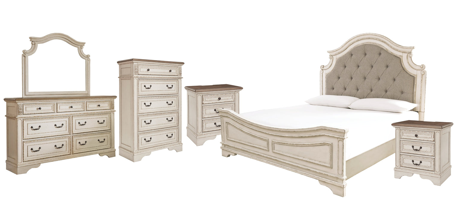 Realyn Queen Upholstered Panel Bed with Mirrored Dresser, Chest and 2 Nightstands Royal Furniture