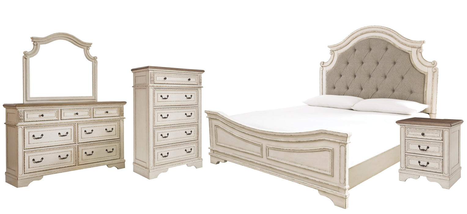 Realyn Queen Upholstered Panel Bed with Mirrored Dresser, Chest and Nightstand Royal Furniture