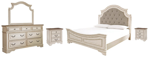 Realyn Queen Upholstered Panel Bed with Mirrored Dresser and 2 Nightstands Royal Furniture