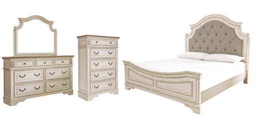 Realyn Queen Upholstered Panel Bed with Mirrored Dresser and Chest Royal Furniture