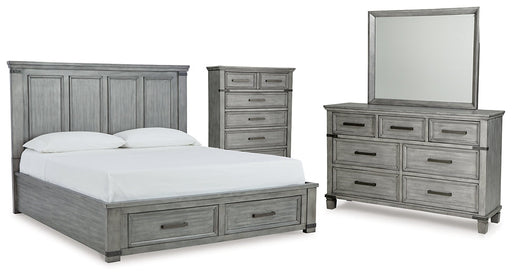 Russelyn King Storage Bed with Mirrored Dresser and Chest Royal Furniture