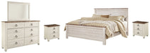 Willowton California King Panel Bed with Mirrored Dresser and 2 Nightstands Royal Furniture