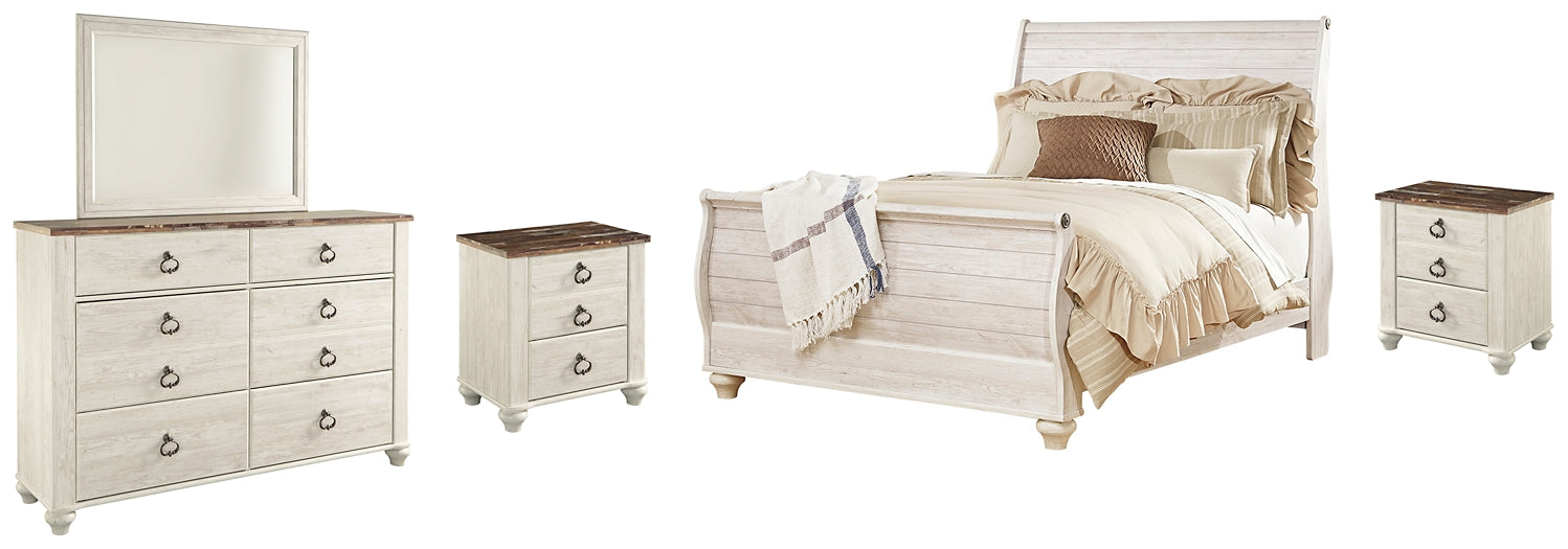 Willowton King Sleigh Bed with Mirrored Dresser and 2 Nightstands Royal Furniture