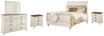 Willowton King Sleigh Bed with Mirrored Dresser and 2 Nightstands Royal Furniture