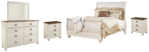 Willowton King Sleigh Bed with Mirrored Dresser and 2 Nightstands Royal Furniture