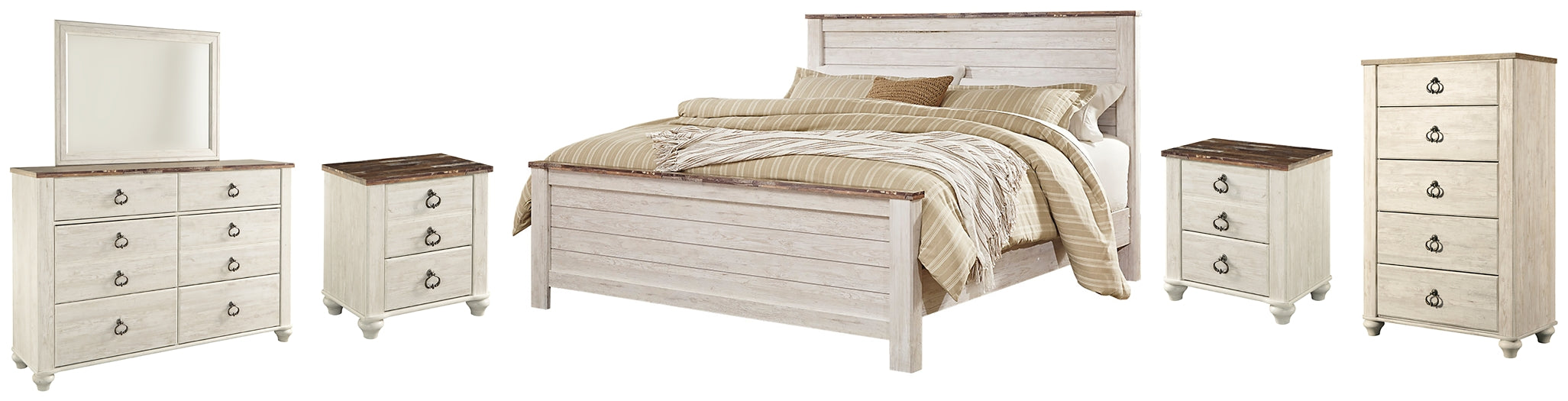 Willowton Queen Panel Bed with Mirrored Dresser, Chest and 2 Nightstands Royal Furniture