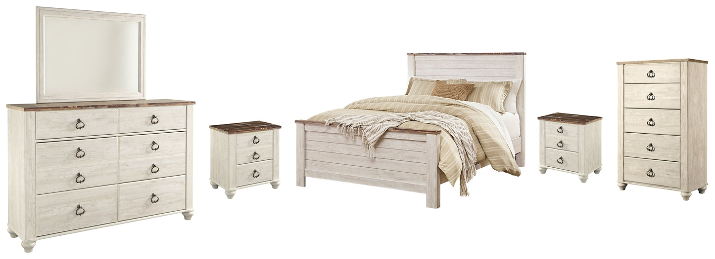 Willowton Queen Panel Bed with Mirrored Dresser, Chest and 2 Nightstands Royal Furniture