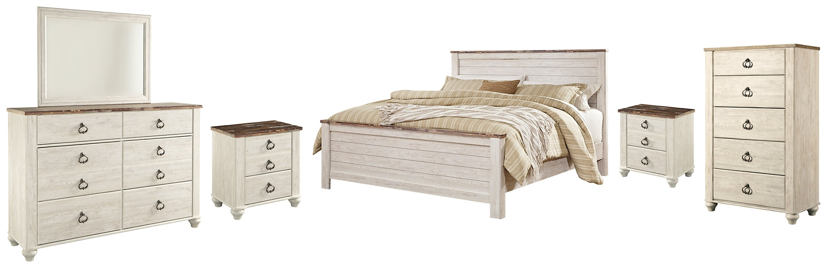 Willowton Queen Panel Bed with Mirrored Dresser, Chest and 2 Nightstands Royal Furniture