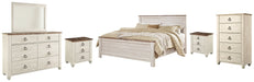 Willowton Queen Panel Bed with Mirrored Dresser, Chest and 2 Nightstands Royal Furniture