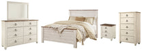 Willowton Queen Panel Bed with Mirrored Dresser, Chest and Nightstand Royal Furniture