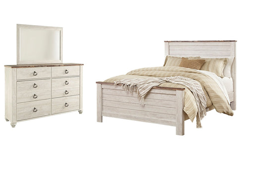 Willowton Queen Panel Bed with Mirrored Dresser Royal Furniture