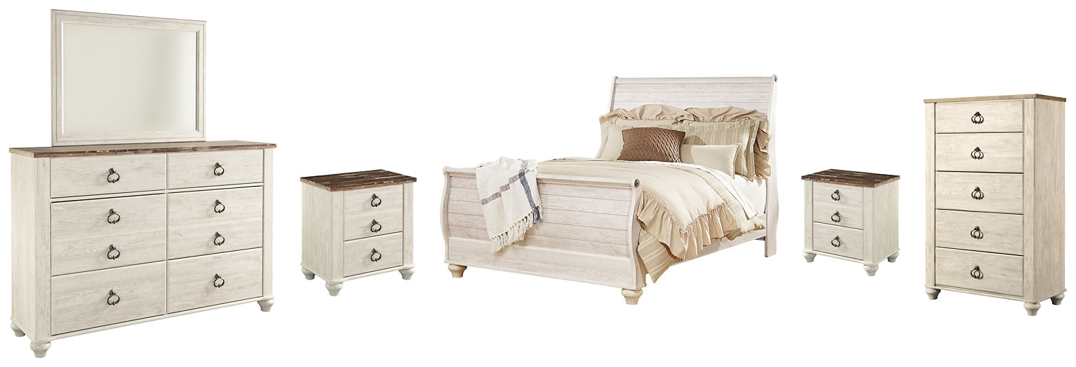 Willowton Queen Sleigh Bed with Mirrored Dresser, Chest and 2 Nightstands Royal Furniture