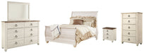 Willowton Queen Sleigh Bed with Mirrored Dresser, Chest and Nightstand Royal Furniture