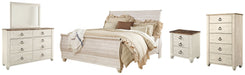 Willowton Queen Sleigh Bed with Mirrored Dresser, Chest and Nightstand Royal Furniture