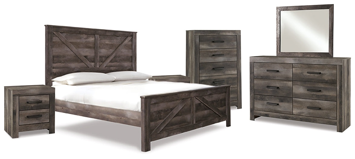 Wynnlow King Crossbuck Panel Bed with Mirrored Dresser, Chest and 2 Nightstands Royal Furniture