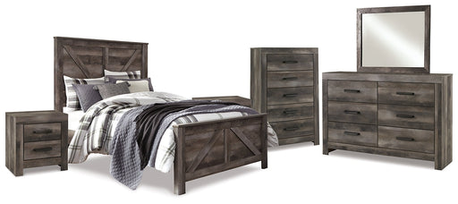 Wynnlow Queen Crossbuck Panel Bed with Mirrored Dresser, Chest and 2 Nightstands Royal Furniture