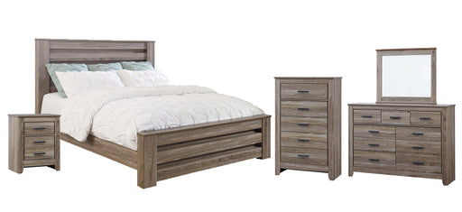 Zelen King Panel Bed with Mirrored Dresser, Chest and 2 Nightstands Royal Furniture