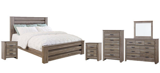 Zelen King Panel Bed with Mirrored Dresser, Chest and 2 Nightstands Royal Furniture