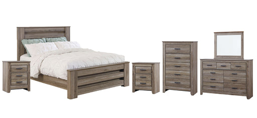 Zelen Queen Panel Bed with Mirrored Dresser, Chest and 2 Nightstands Royal Furniture