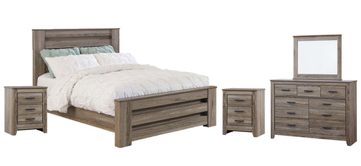 Zelen Queen Panel Bed with Mirrored Dresser and 2 Nightstands Royal Furniture