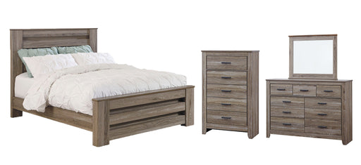 Zelen Queen Panel Bed with Mirrored Dresser and Chest Royal Furniture