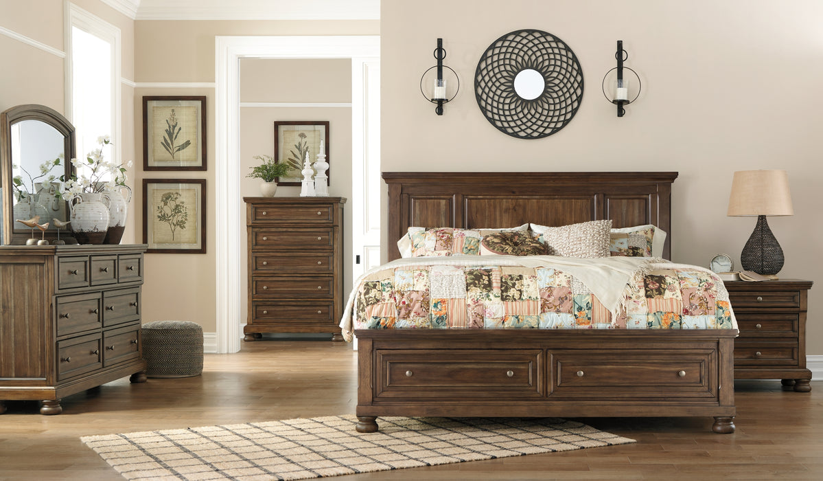 Flynnter California King Panel Bed with 2 Storage Drawers with Mirrored Dresser, Chest and Nightstand