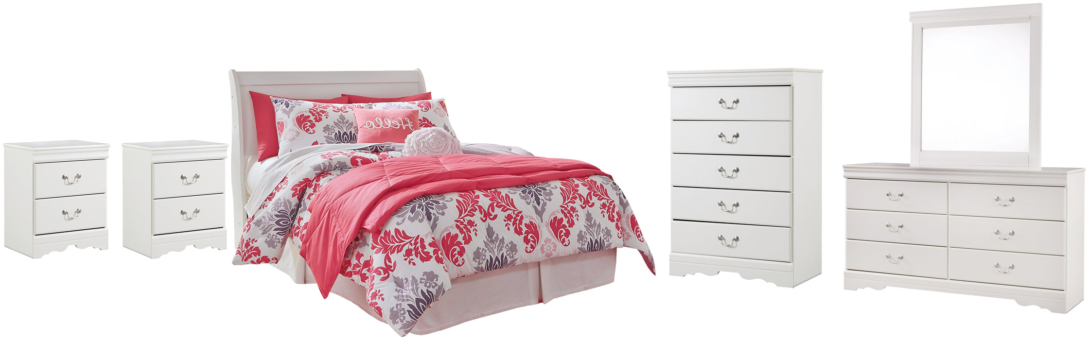 Anarasia Full Sleigh Headboard with Mirrored Dresser, Chest and 2 Nightstands Royal Furniture