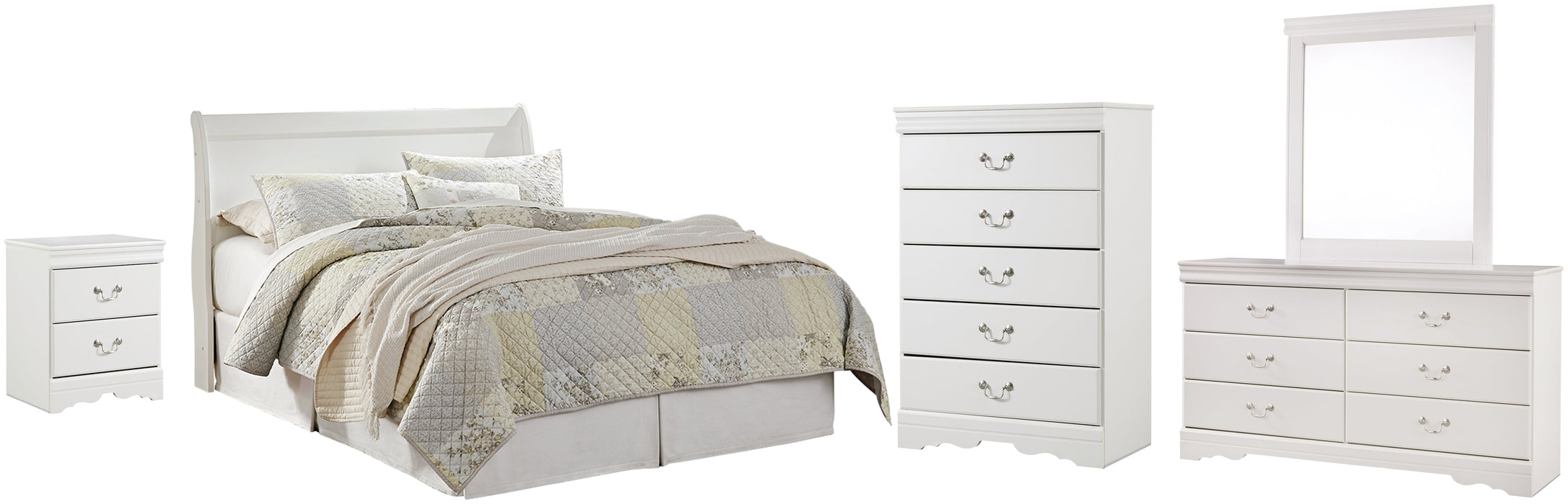 Anarasia Queen Sleigh Headboard with Mirrored Dresser, Chest and Nightstand Royal Furniture