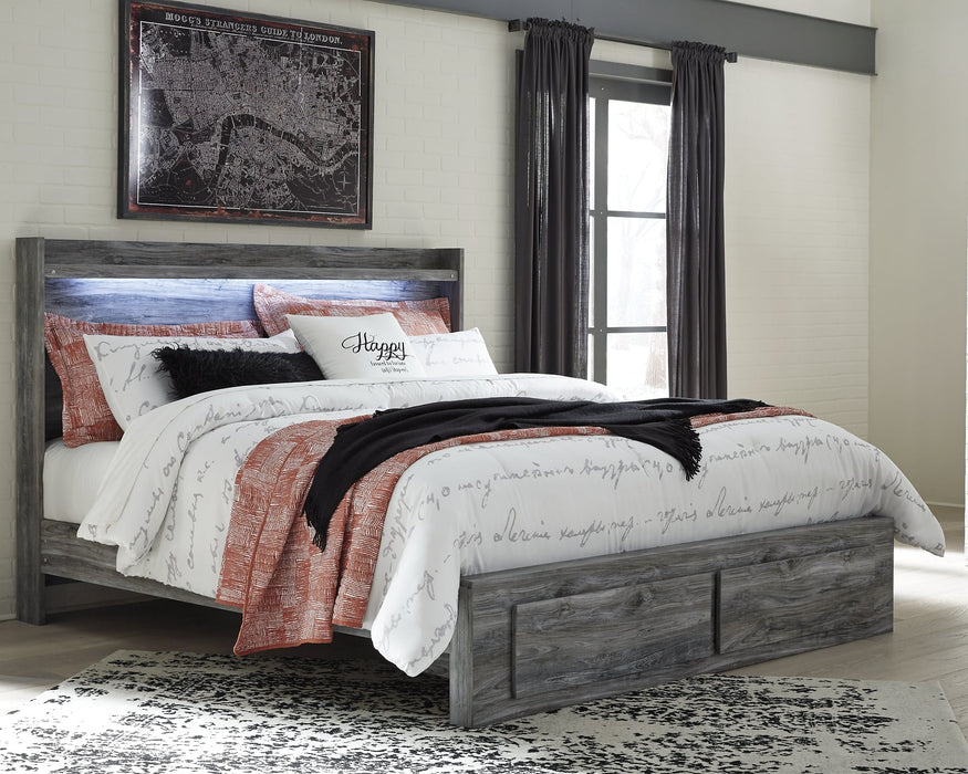 Baystorm King Panel Bed with 2 Storage Drawers with Mirrored Dresser, and Nightstand Royal Furniture