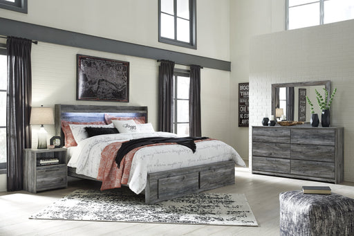 Baystorm King Panel Bed with 2 Storage Drawers with Mirrored Dresser, and Nightstand Royal Furniture