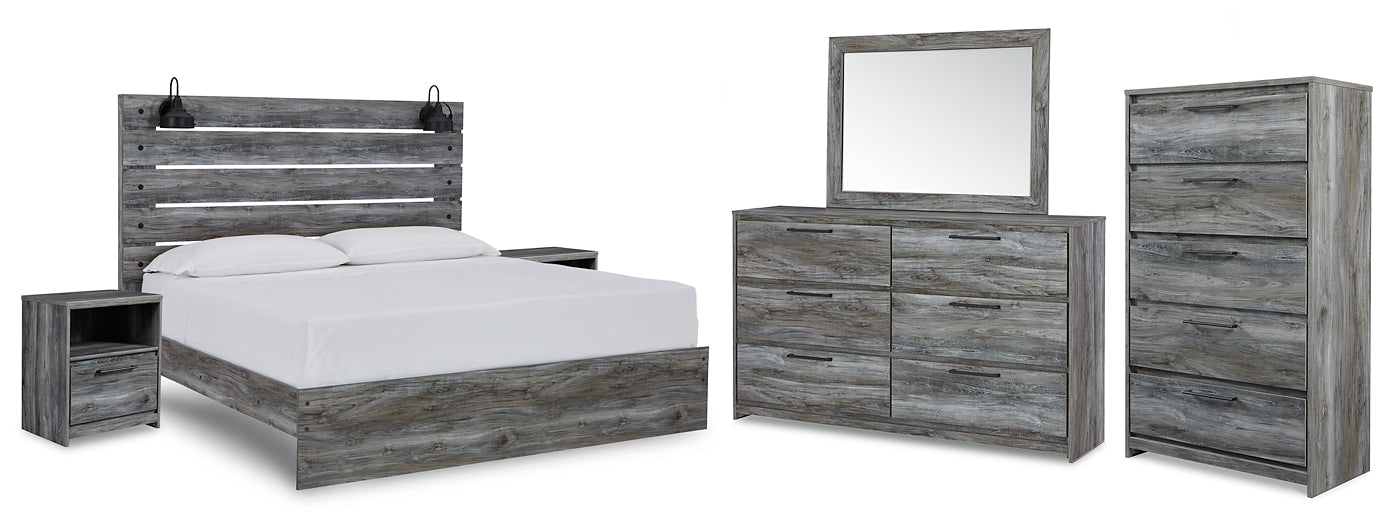 Baystorm King Panel Bed with Mirrored Dresser, Chest and 2 Nightstands Royal Furniture