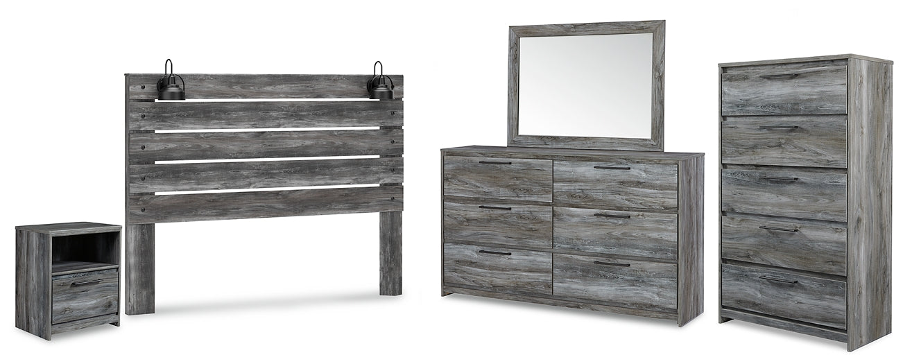 Baystorm King Panel Headboard with Mirrored Dresser, Chest and Nightstand Royal Furniture