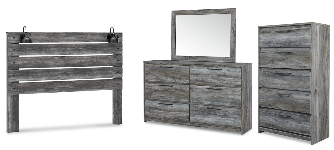 Baystorm King Panel Headboard with Mirrored Dresser and Chest Royal Furniture