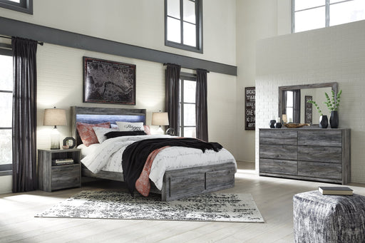 Baystorm Queen Panel Bed with 2 Storage Drawers with Mirrored Dresser and Nightstand Royal Furniture