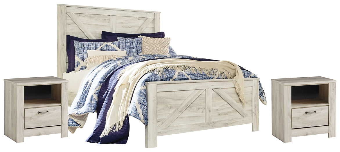 Bellaby Queen Crossbuck Panel Bed with 2 Nightstands Royal Furniture