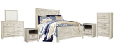 Bellaby Queen Crossbuck Panel Bed with Mirrored Dresser, Chest and 2 Nightstands Royal Furniture