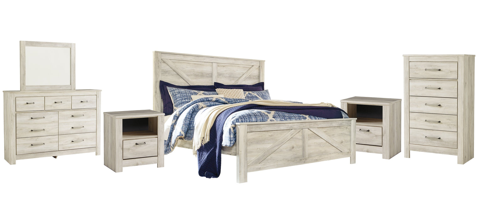 Bellaby Queen Crossbuck Panel Bed with Mirrored Dresser, Chest and 2 Nightstands Royal Furniture