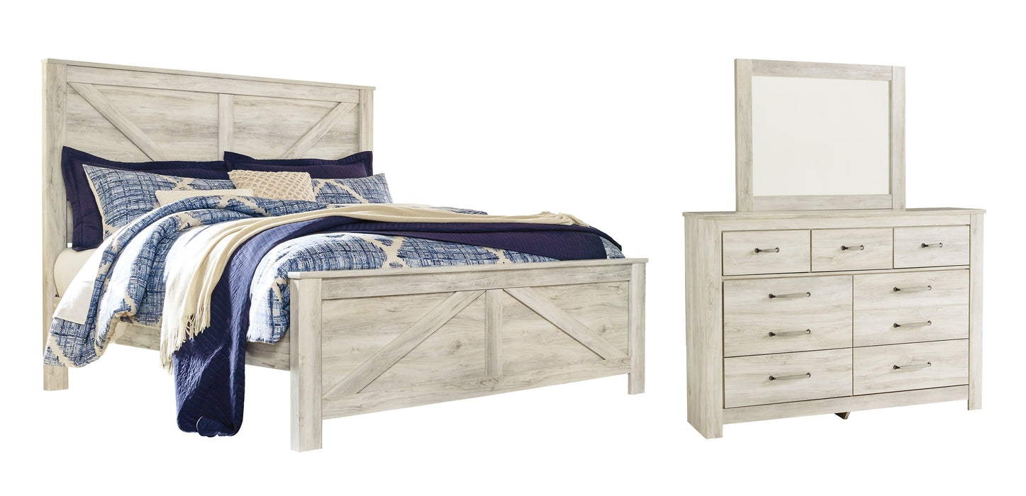 Bellaby Queen Crossbuck Panel Bed with Mirrored Dresser Royal Furniture