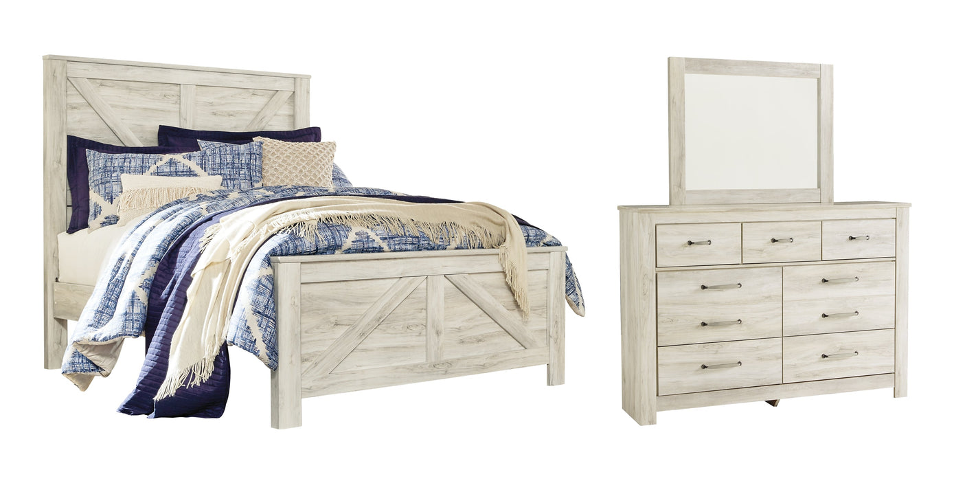 Bellaby Queen Crossbuck Panel Bed with Mirrored Dresser Royal Furniture