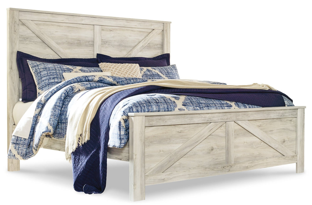 Bellaby Queen Crossbuck Panel Bed with Mirrored Dresser Royal Furniture